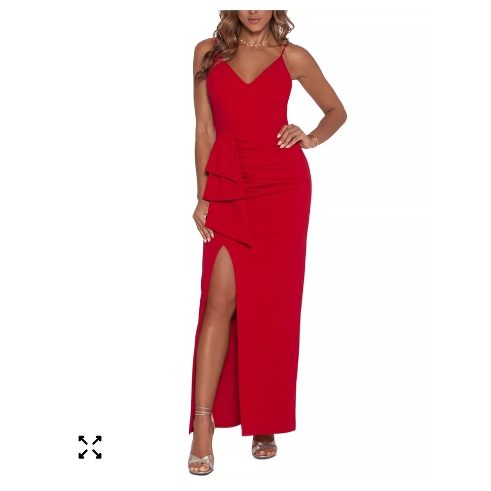 NWT Xscape Bombshell Vibrant Red Ruffled Spaghetti Strap Maxi Dress Size 12